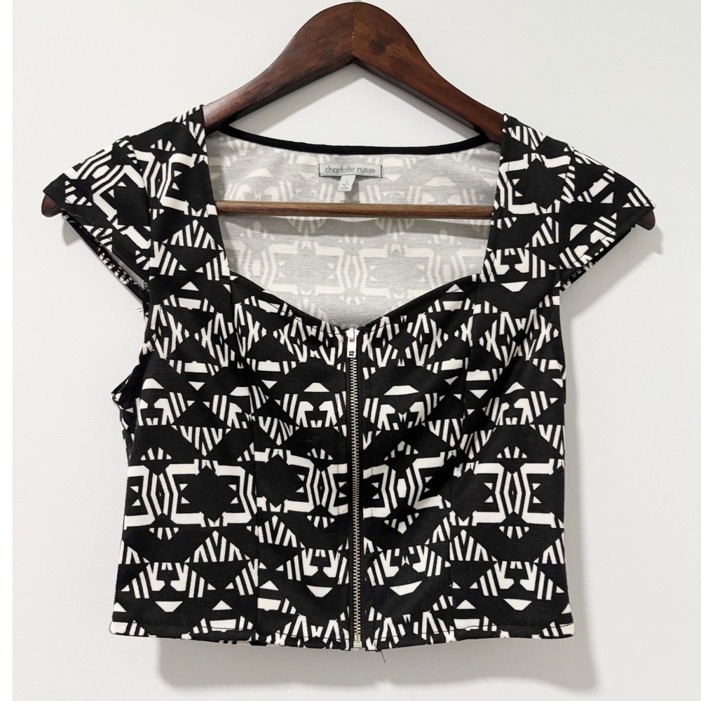 Charlotte Russe Crop Top Women Size S Black White Geometric Zipper Front Aztec